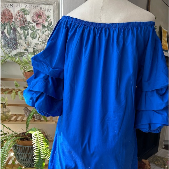 Scoop neck 100%cotton mini dress pullover solid blue ruched sleeves - Picture 8 of 12